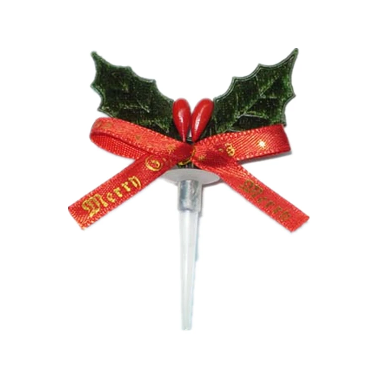 Magic Lights Christmas Leaf and Red Bow Cake Topper Picks 1