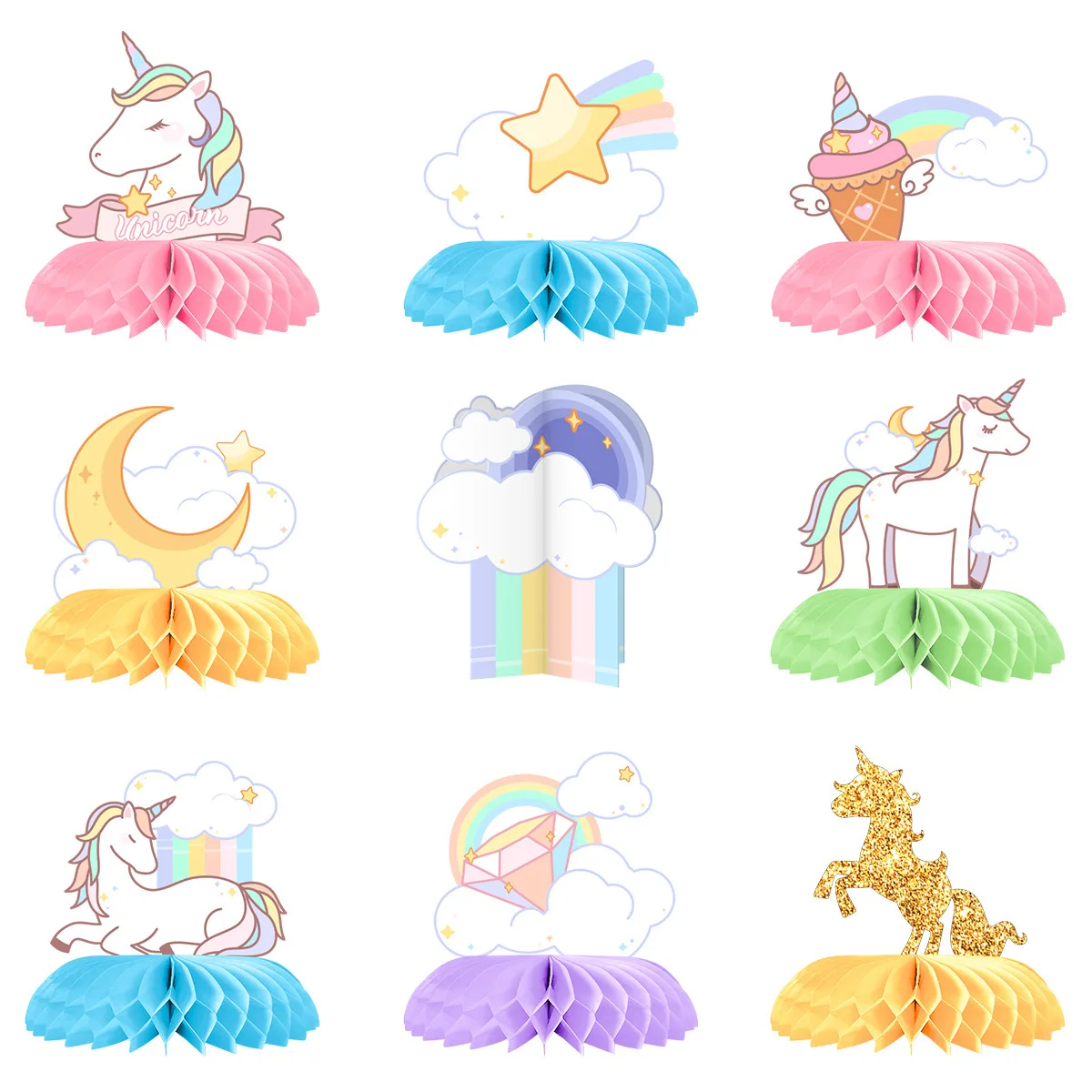 Magic Lights 9 PCs Fantasia Unicorn Rainbow Honeycomb Balls Tabel Decorações de Toppers para Crianças Faculdade de Parque de Baby Soples 1