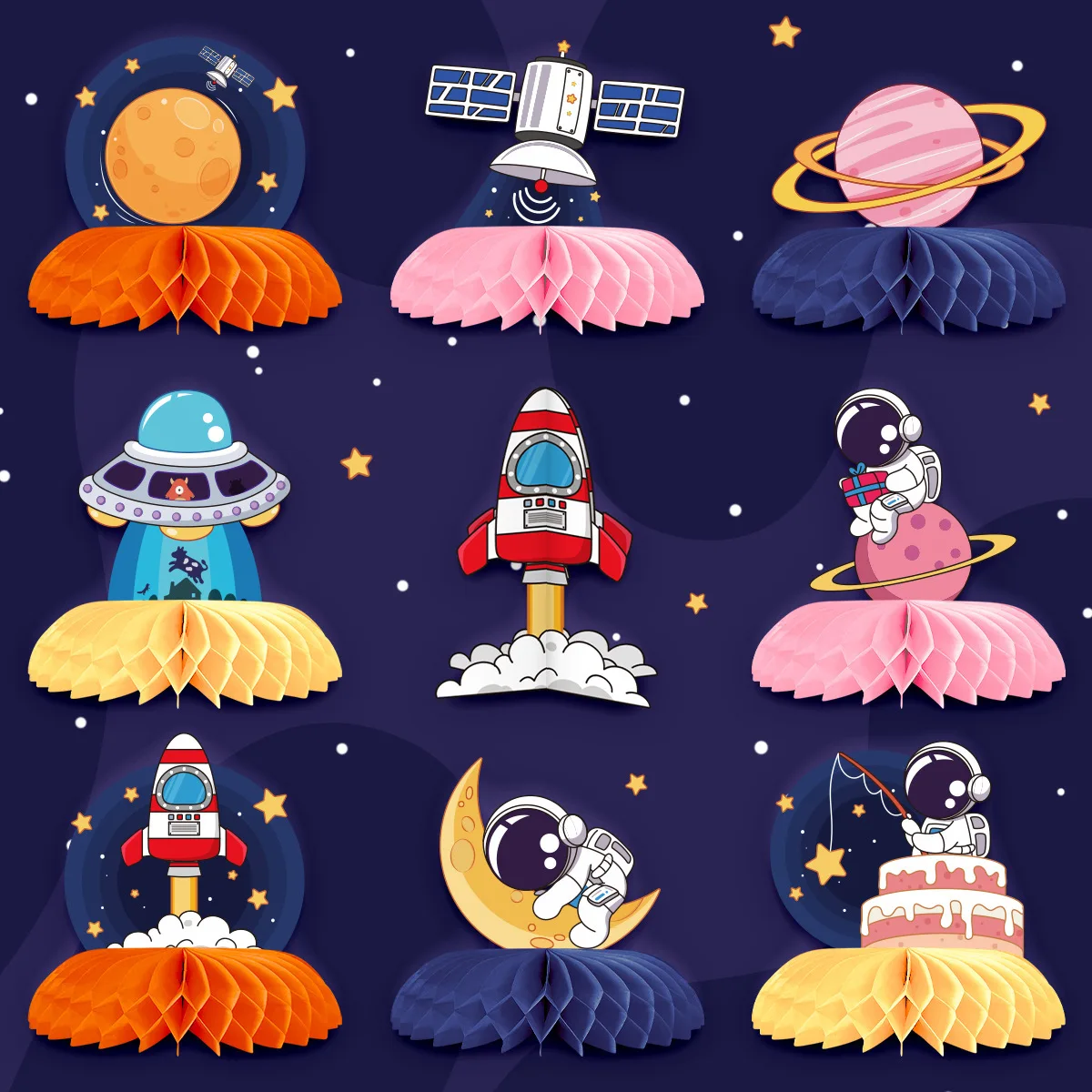 Magic Lights 9 PCs Fantasia astronauta Honeycomb Balls Tabel Decorações para crianças Supplimentos de festa de chá de bebê de aniversário de aniversário 1